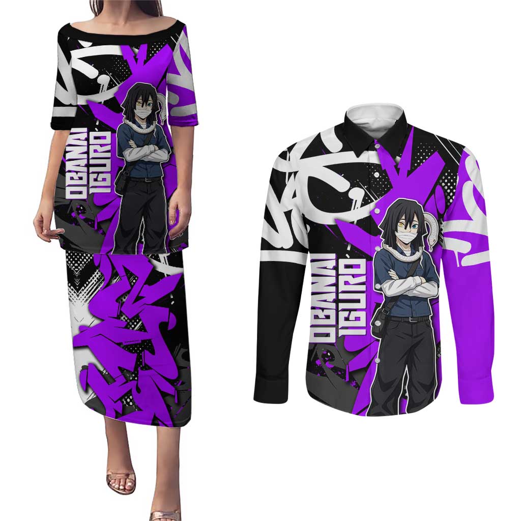 Obanai Iguro Demon Slayer Couples Matching Puletasi and Long Sleeve Button Shirt Purple Graffiti Anime Style