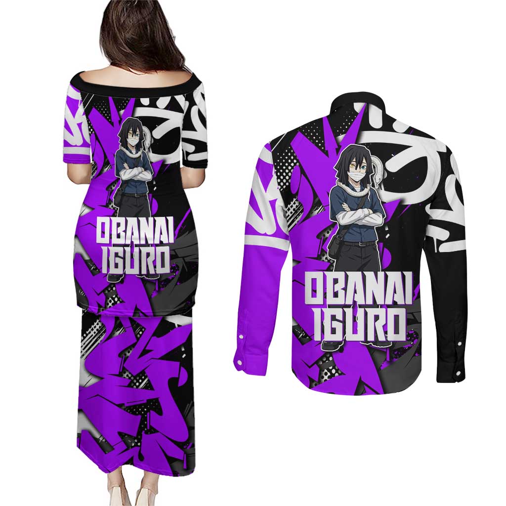 Obanai Iguro Demon Slayer Couples Matching Puletasi and Long Sleeve Button Shirt Purple Graffiti Anime Style