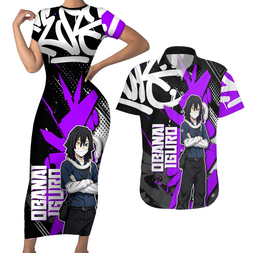 Obanai Iguro Demon Slayer Couples Matching Short Sleeve Bodycon Dress and Hawaiian Shirt Purple Graffiti Anime Style