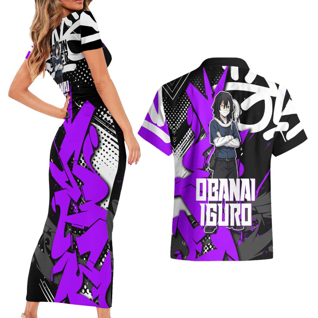 Obanai Iguro Demon Slayer Couples Matching Short Sleeve Bodycon Dress and Hawaiian Shirt Purple Graffiti Anime Style