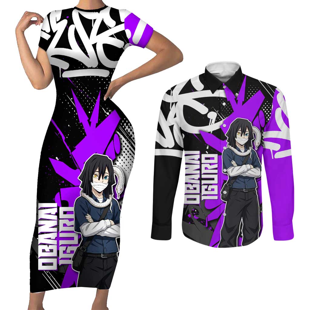 Obanai Iguro Demon Slayer Couples Matching Short Sleeve Bodycon Dress and Long Sleeve Button Shirt Purple Graffiti Anime Style