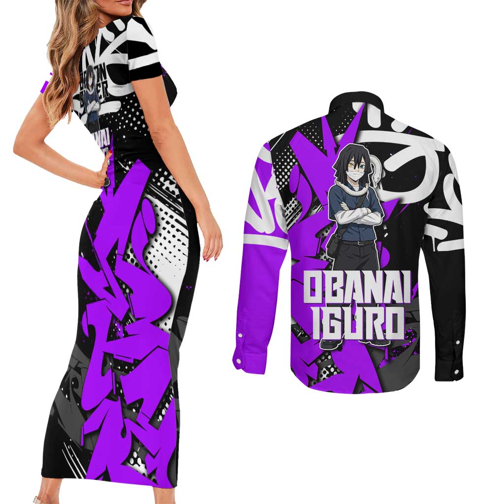 Obanai Iguro Demon Slayer Couples Matching Short Sleeve Bodycon Dress and Long Sleeve Button Shirt Purple Graffiti Anime Style