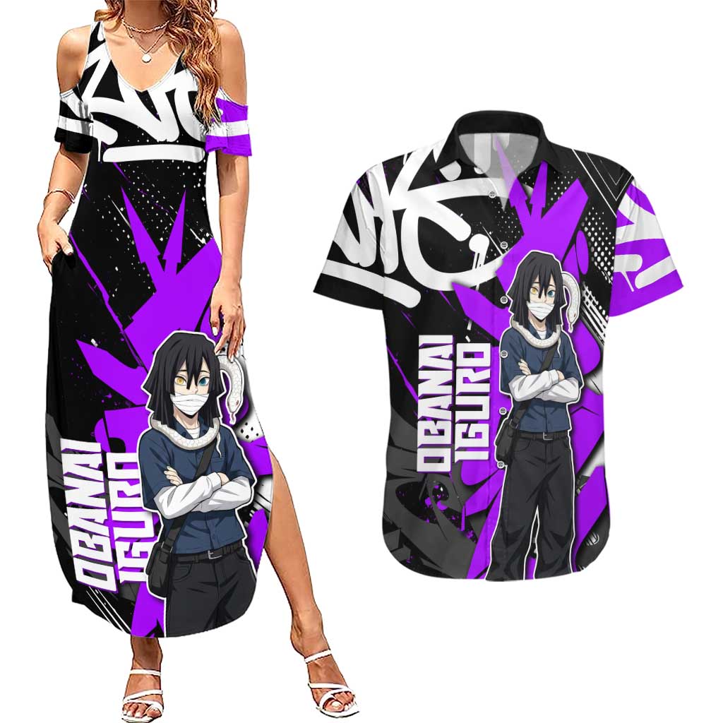 Obanai Iguro Demon Slayer Couples Matching Summer Maxi Dress and Hawaiian Shirt Purple Graffiti Anime Style