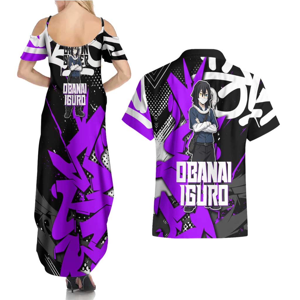 Obanai Iguro Demon Slayer Couples Matching Summer Maxi Dress and Hawaiian Shirt Purple Graffiti Anime Style
