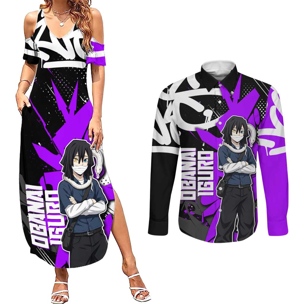 Obanai Iguro Demon Slayer Couples Matching Summer Maxi Dress and Long Sleeve Button Shirt Purple Graffiti Anime Style