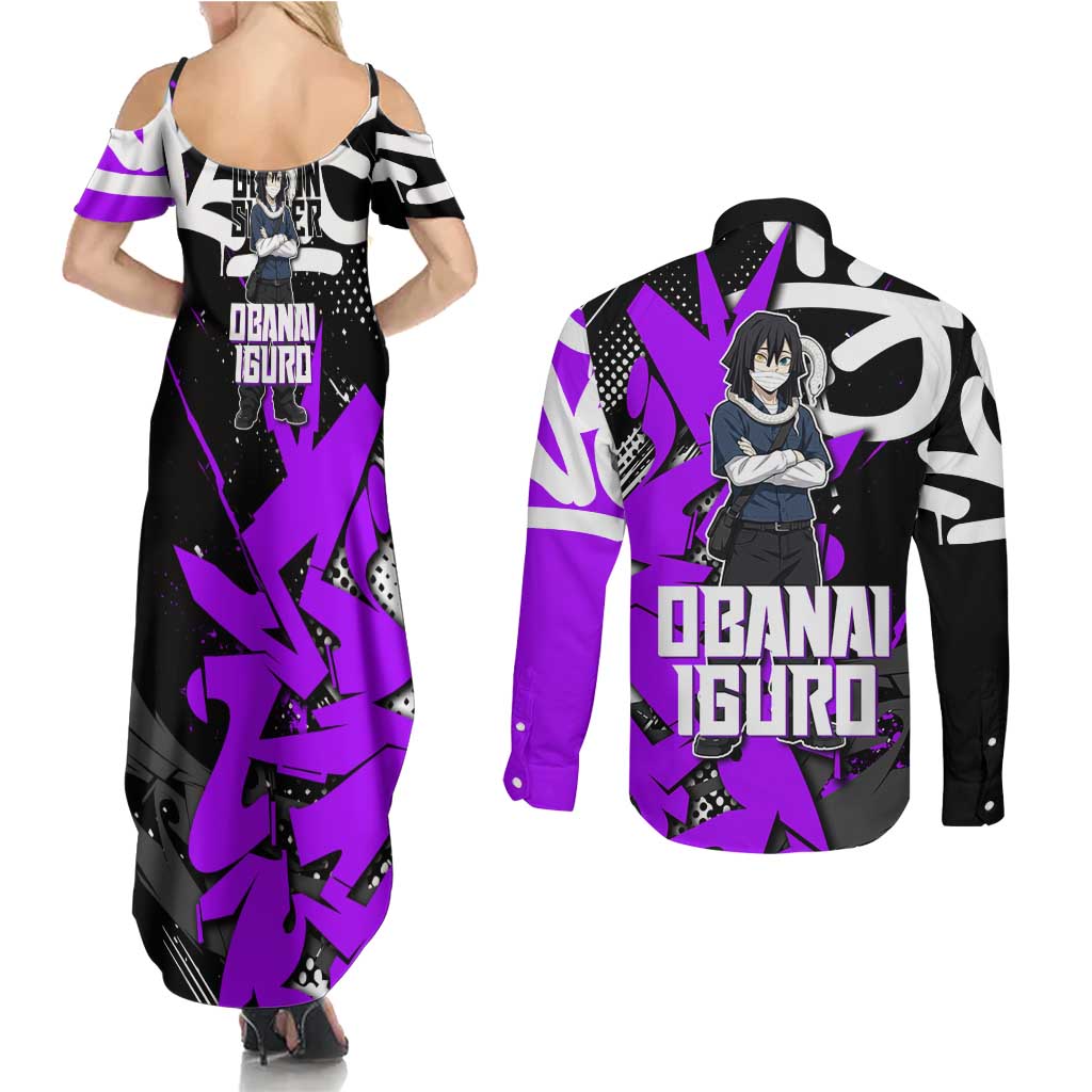 Obanai Iguro Demon Slayer Couples Matching Summer Maxi Dress and Long Sleeve Button Shirt Purple Graffiti Anime Style