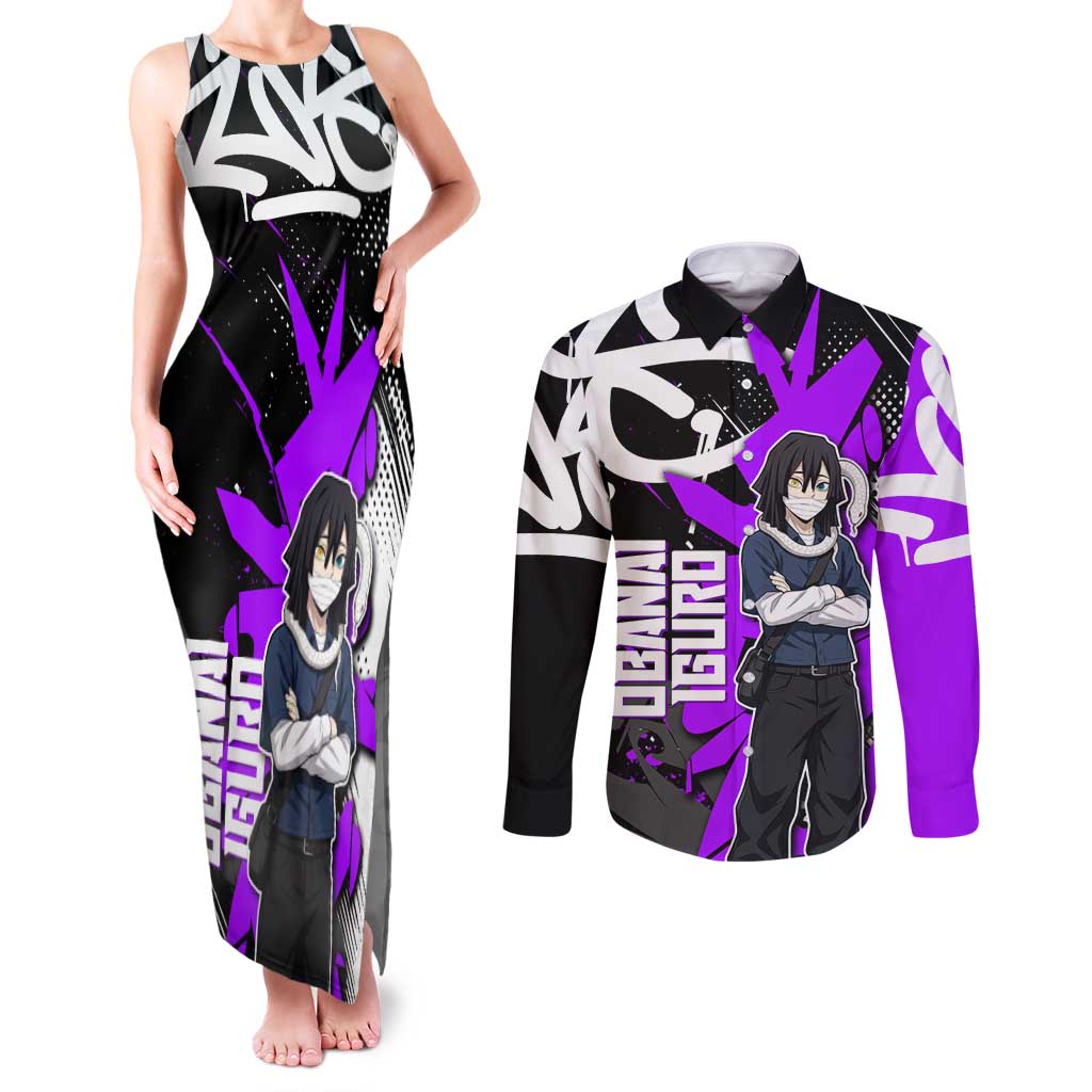 Obanai Iguro Demon Slayer Couples Matching Tank Maxi Dress and Long Sleeve Button Shirt Purple Graffiti Anime Style
