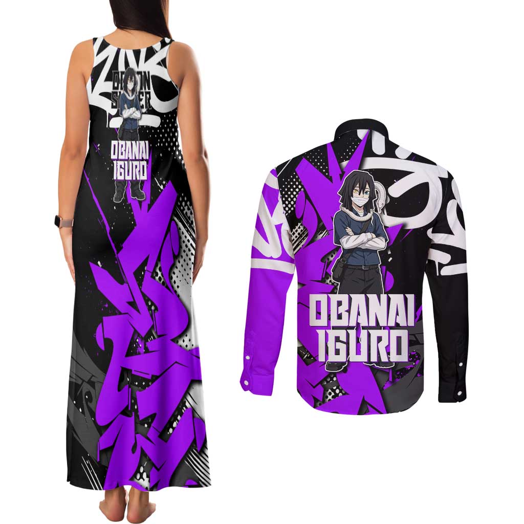 Obanai Iguro Demon Slayer Couples Matching Tank Maxi Dress and Long Sleeve Button Shirt Purple Graffiti Anime Style