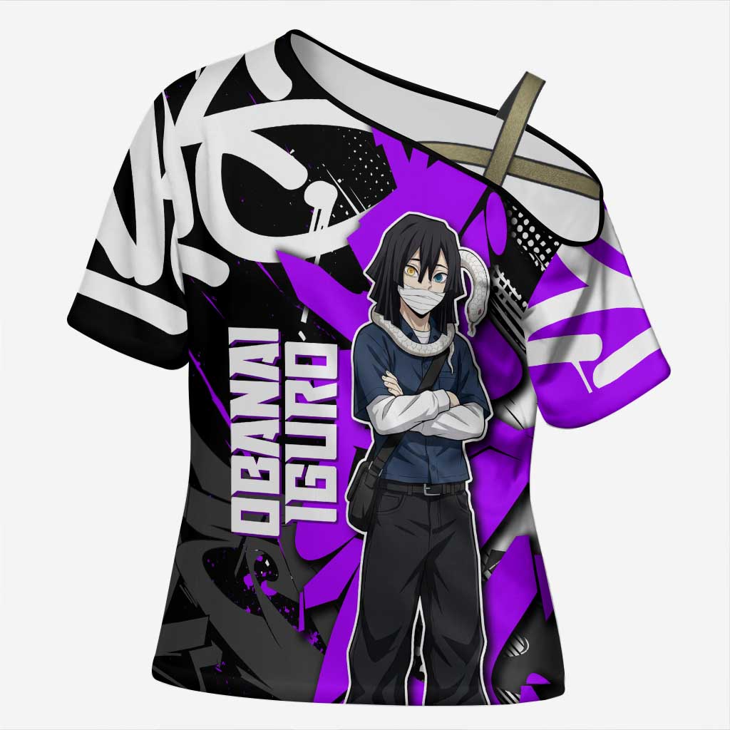 Obanai Iguro Demon Slayer Cross Shoulder Shirt Purple Graffiti Anime Style