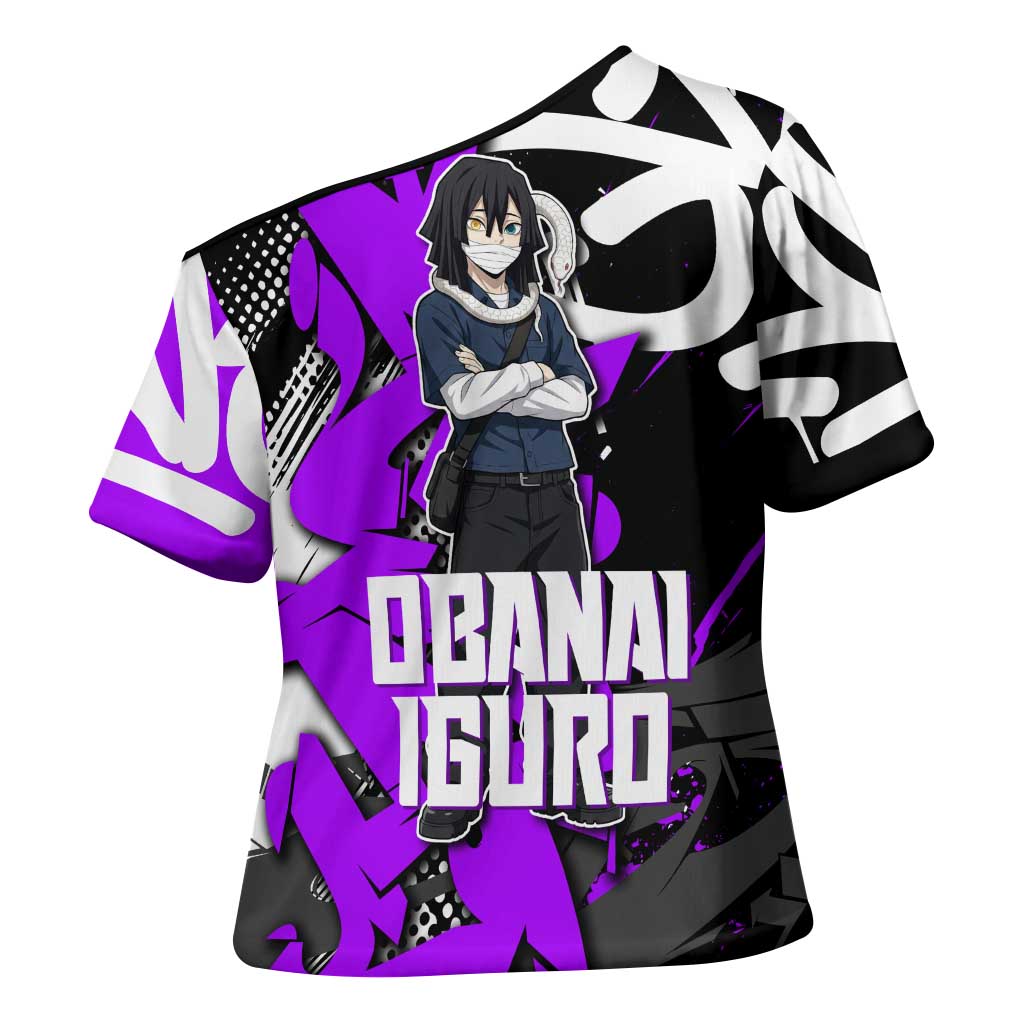 Obanai Iguro Demon Slayer Cross Shoulder Shirt Purple Graffiti Anime Style