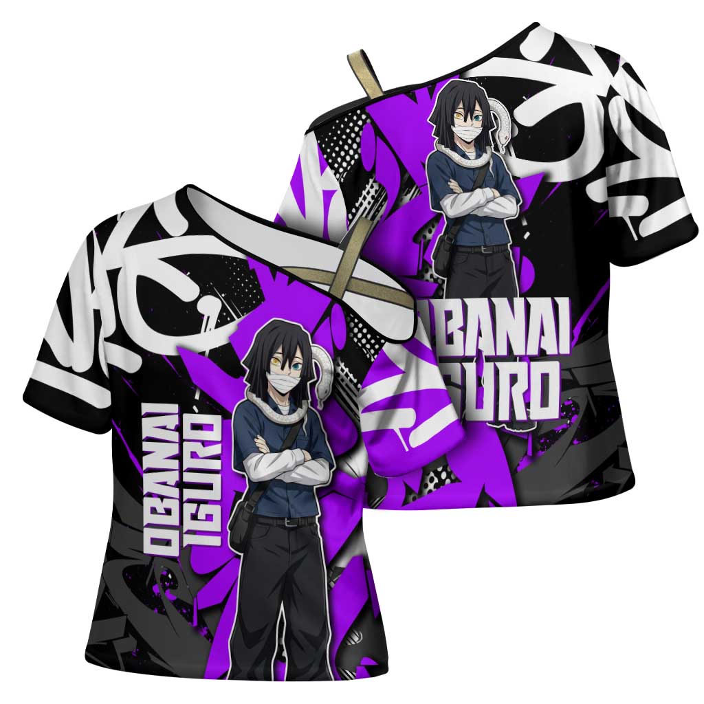 Obanai Iguro Demon Slayer Cross Shoulder Shirt Purple Graffiti Anime Style