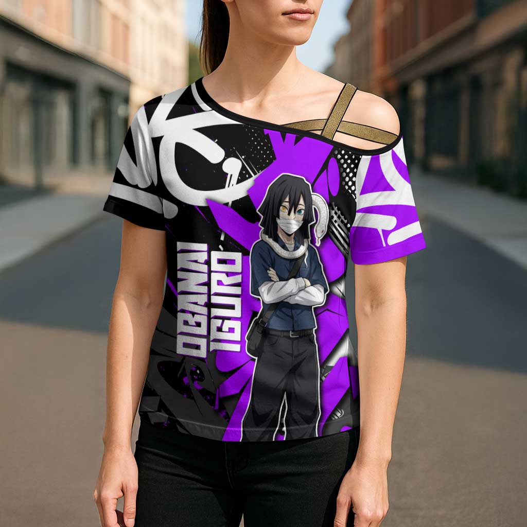 Obanai Iguro Demon Slayer Cross Shoulder Shirt Purple Graffiti Anime Style