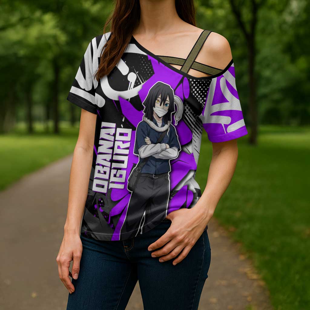 Obanai Iguro Demon Slayer Cross Shoulder Shirt Purple Graffiti Anime Style