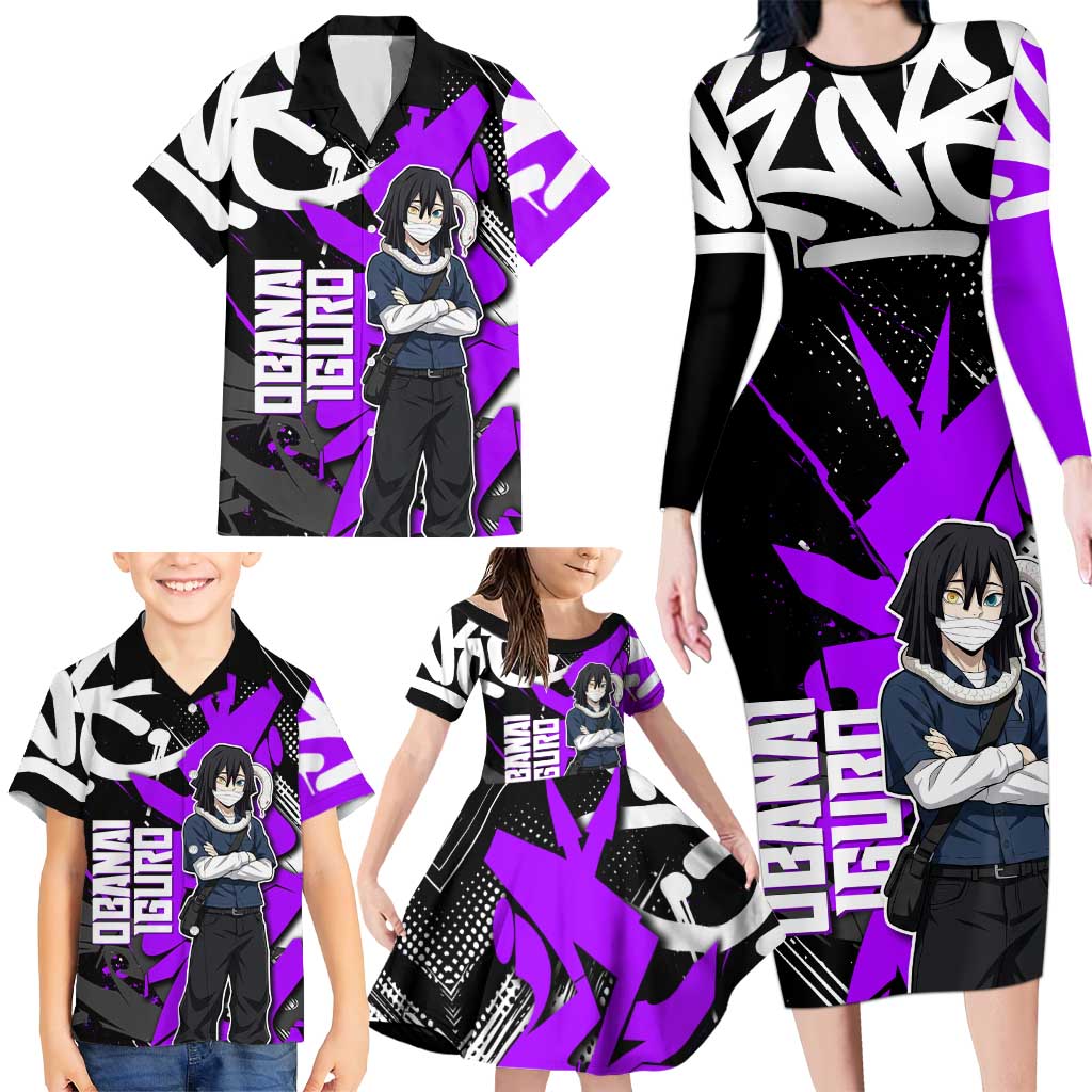 Obanai Iguro Demon Slayer Family Matching Long Sleeve Bodycon Dress and Hawaiian Shirt Purple Graffiti Anime Style