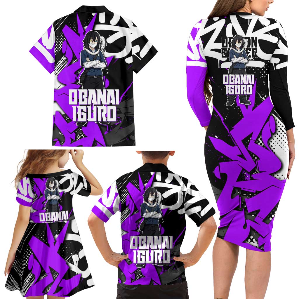 Obanai Iguro Demon Slayer Family Matching Long Sleeve Bodycon Dress and Hawaiian Shirt Purple Graffiti Anime Style