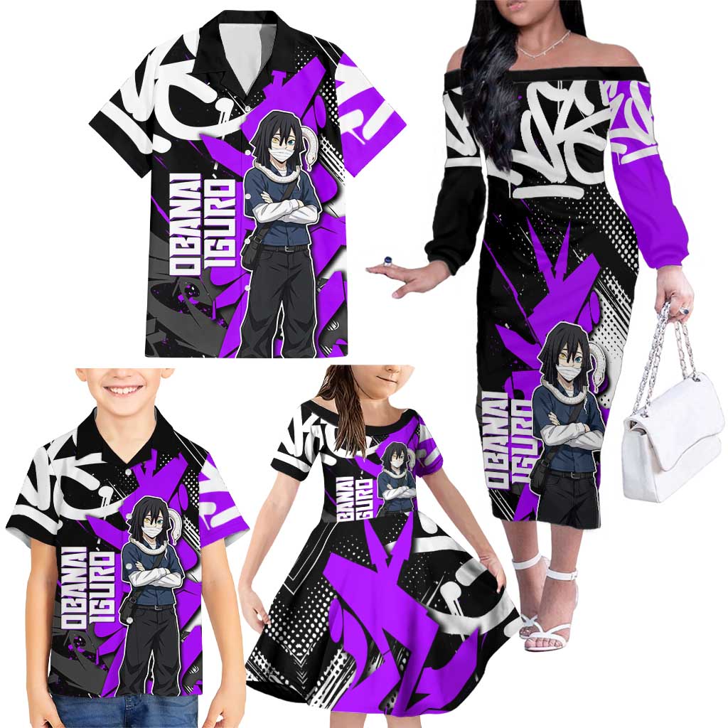 Obanai Iguro Demon Slayer Family Matching Off The Shoulder Long Sleeve Dress and Hawaiian Shirt Purple Graffiti Anime Style
