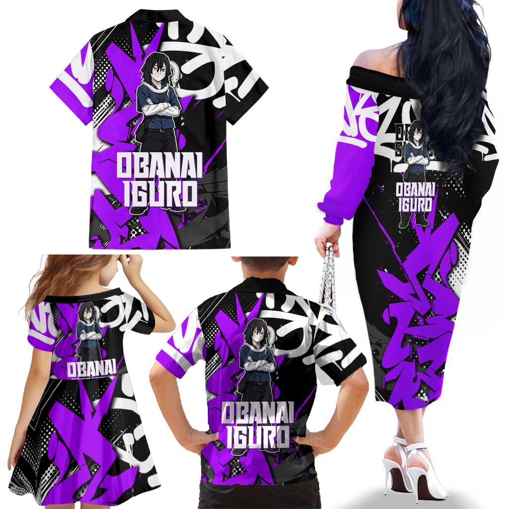 Obanai Iguro Demon Slayer Family Matching Off The Shoulder Long Sleeve Dress and Hawaiian Shirt Purple Graffiti Anime Style