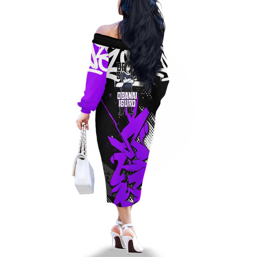Obanai Iguro Demon Slayer Family Matching Off The Shoulder Long Sleeve Dress and Hawaiian Shirt Purple Graffiti Anime Style