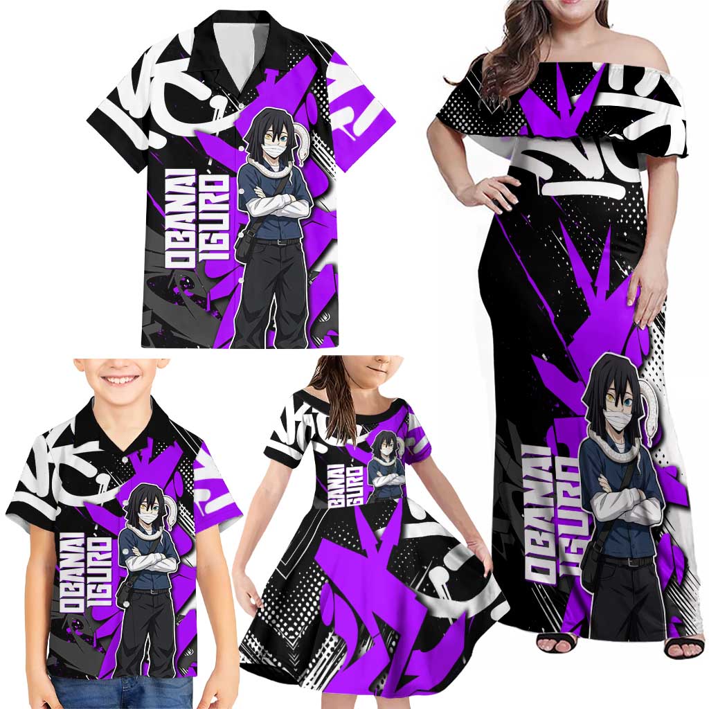 Obanai Iguro Demon Slayer Family Matching Off Shoulder Maxi Dress and Hawaiian Shirt Purple Graffiti Anime Style