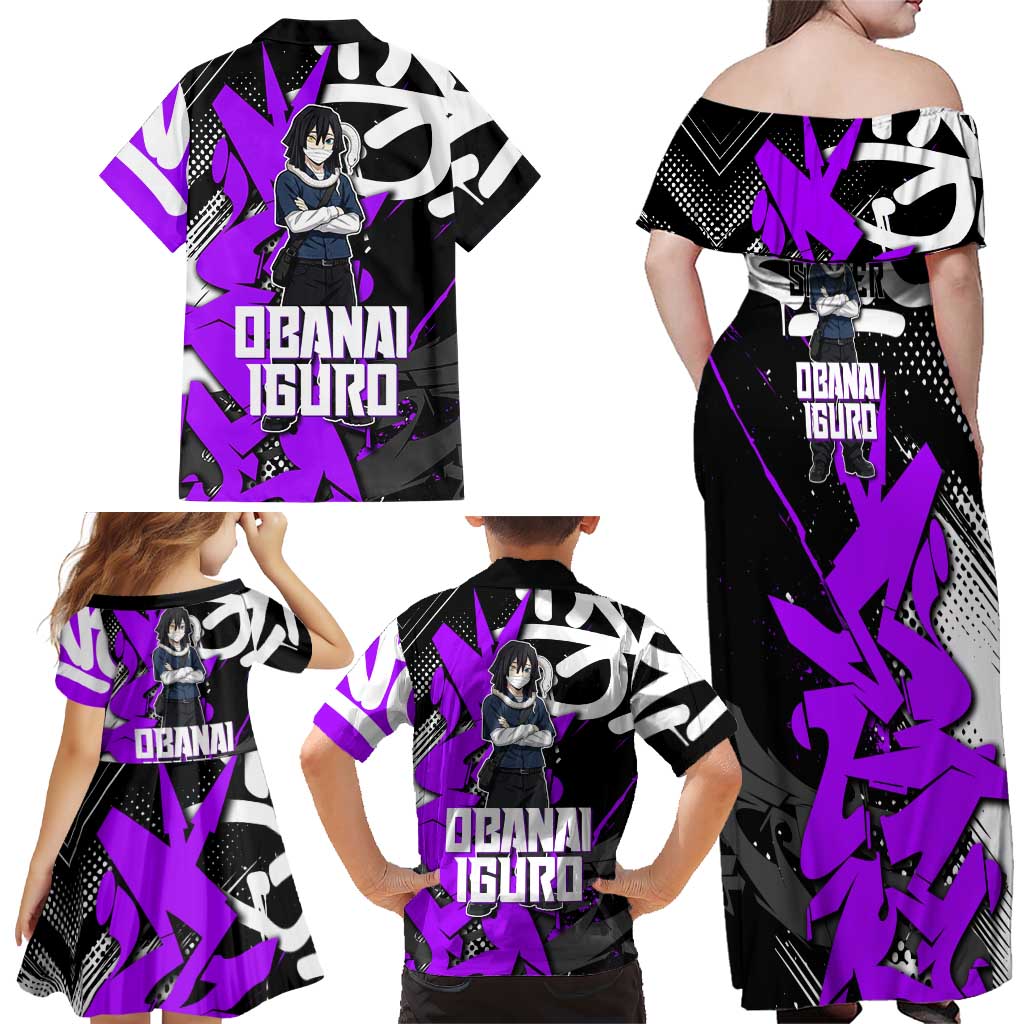 Obanai Iguro Demon Slayer Family Matching Off Shoulder Maxi Dress and Hawaiian Shirt Purple Graffiti Anime Style