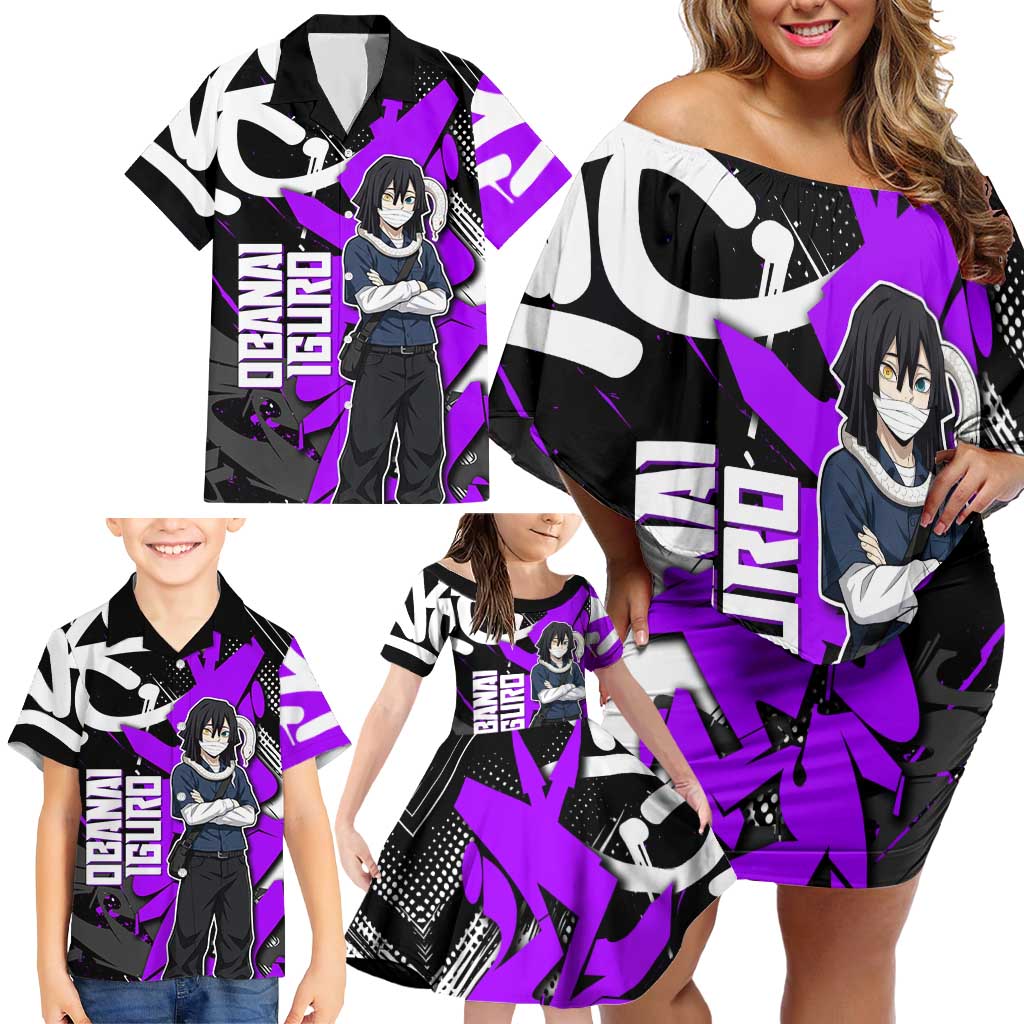Obanai Iguro Demon Slayer Family Matching Off Shoulder Short Dress and Hawaiian Shirt Purple Graffiti Anime Style