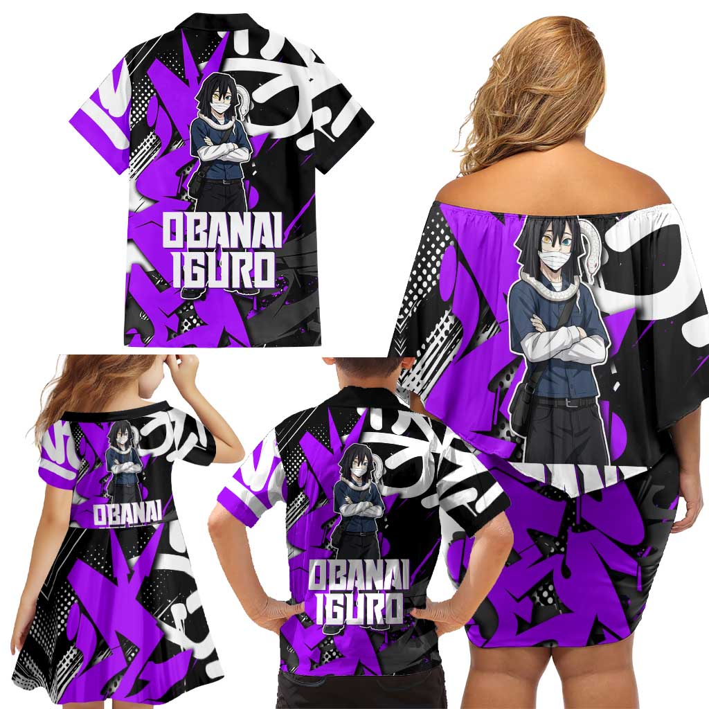 Obanai Iguro Demon Slayer Family Matching Off Shoulder Short Dress and Hawaiian Shirt Purple Graffiti Anime Style