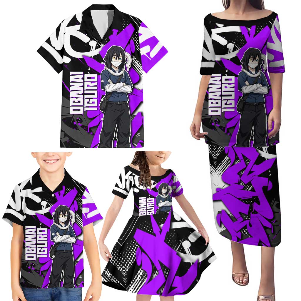 Obanai Iguro Demon Slayer Family Matching Puletasi and Hawaiian Shirt Purple Graffiti Anime Style