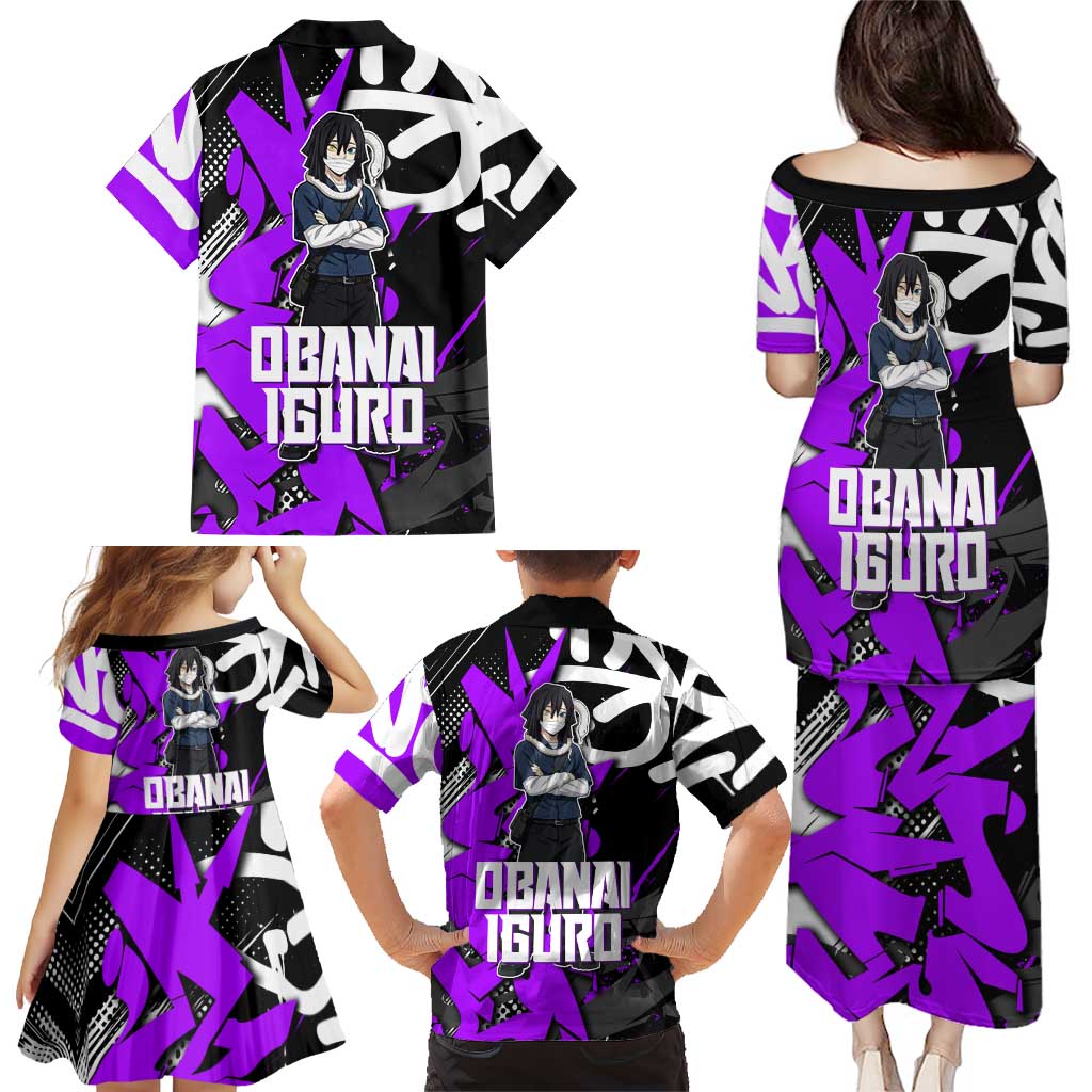 Obanai Iguro Demon Slayer Family Matching Puletasi and Hawaiian Shirt Purple Graffiti Anime Style