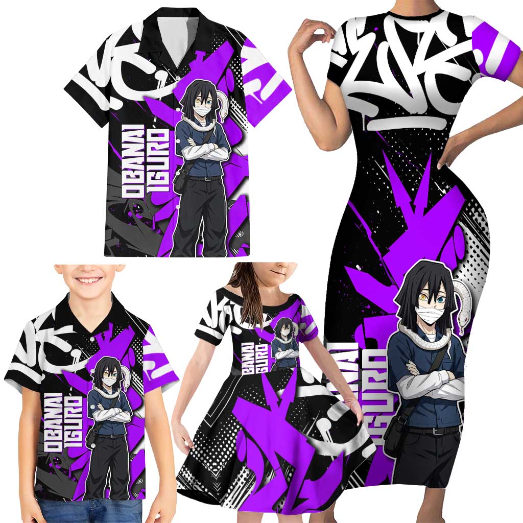 Obanai Iguro Demon Slayer Family Matching Short Sleeve Bodycon Dress and Hawaiian Shirt Purple Graffiti Anime Style