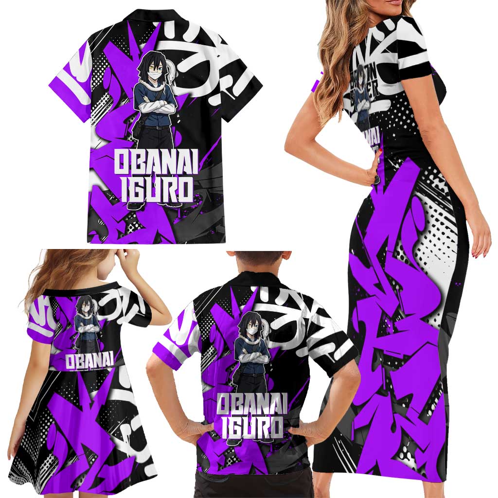 Obanai Iguro Demon Slayer Family Matching Short Sleeve Bodycon Dress and Hawaiian Shirt Purple Graffiti Anime Style