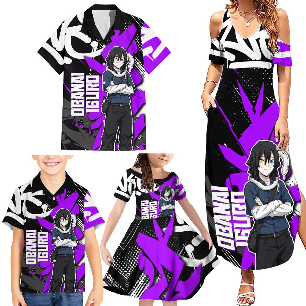 Obanai Iguro Demon Slayer Family Matching Summer Maxi Dress and Hawaiian Shirt Purple Graffiti Anime Style