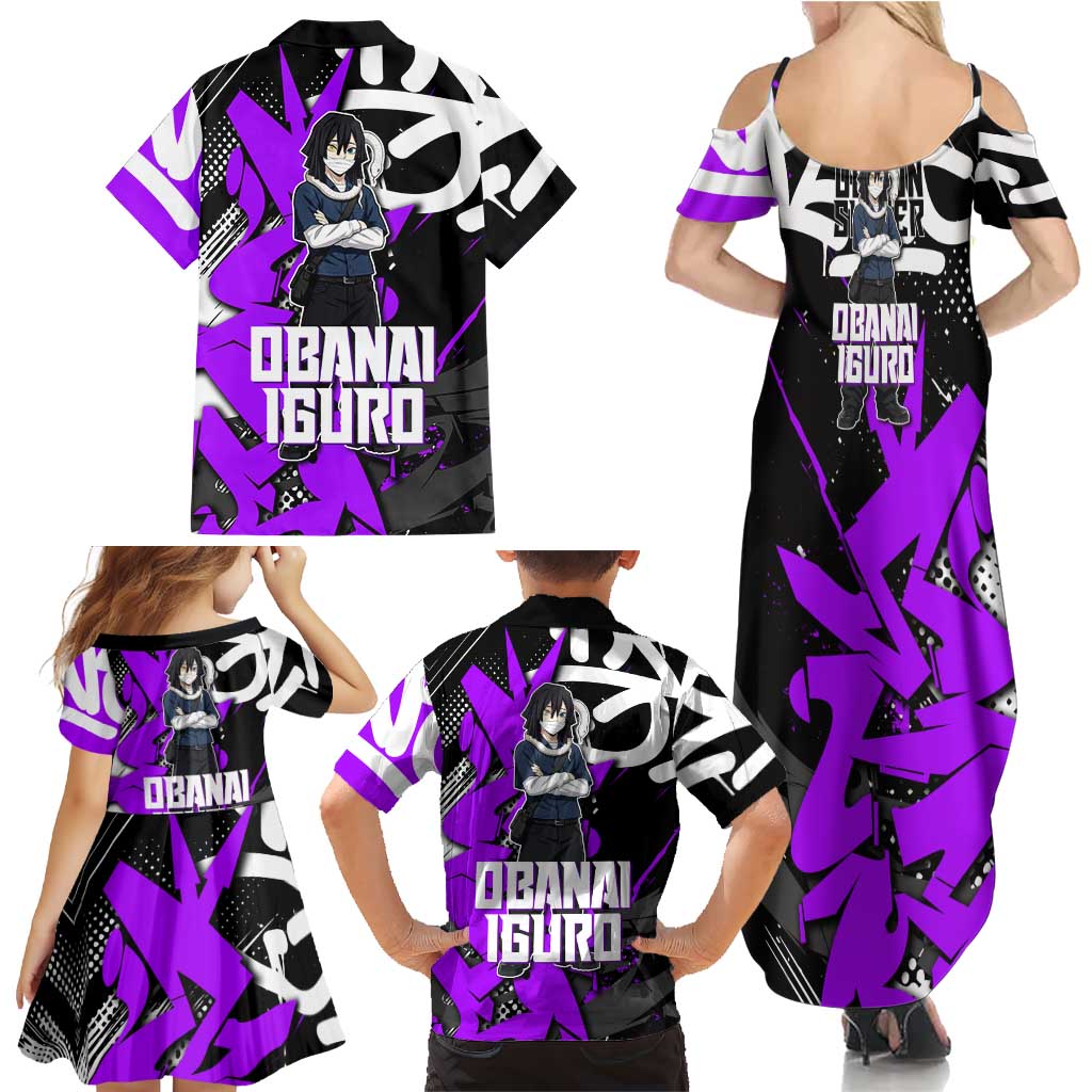 Obanai Iguro Demon Slayer Family Matching Summer Maxi Dress and Hawaiian Shirt Purple Graffiti Anime Style