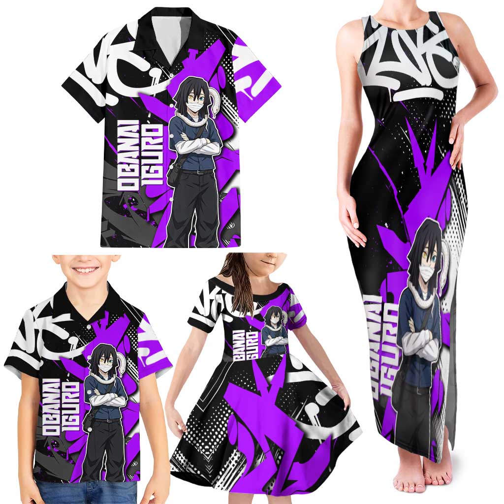 Obanai Iguro Demon Slayer Family Matching Tank Maxi Dress and Hawaiian Shirt Purple Graffiti Anime Style