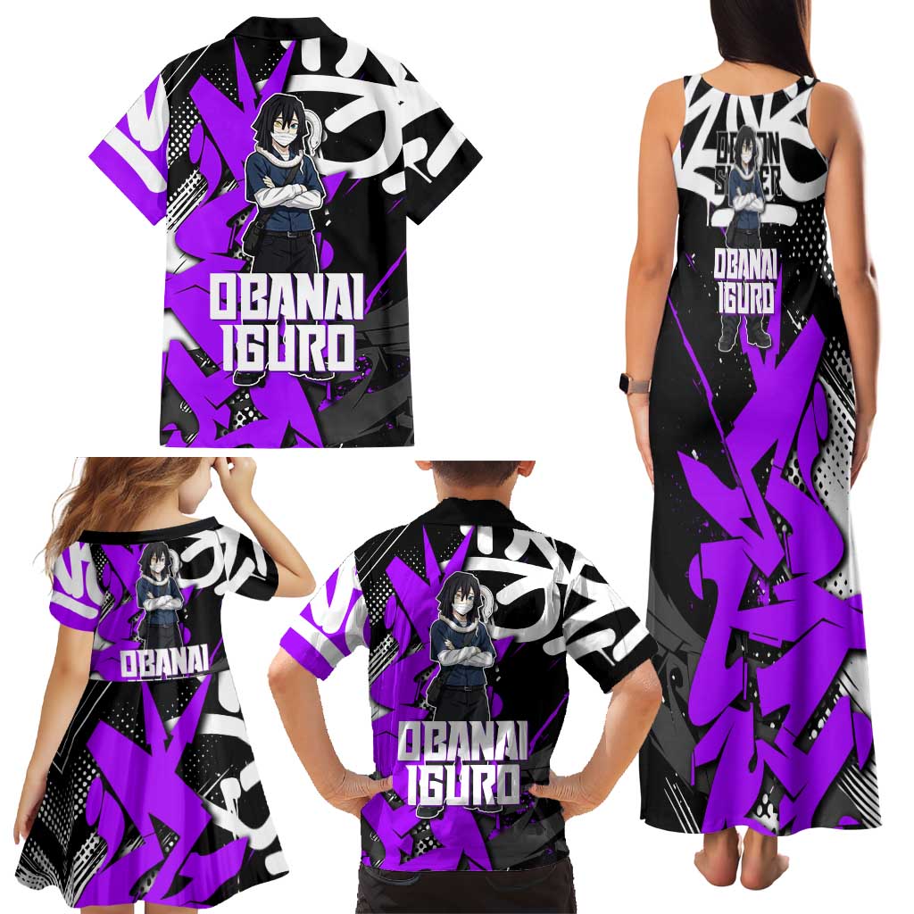 Obanai Iguro Demon Slayer Family Matching Tank Maxi Dress and Hawaiian Shirt Purple Graffiti Anime Style