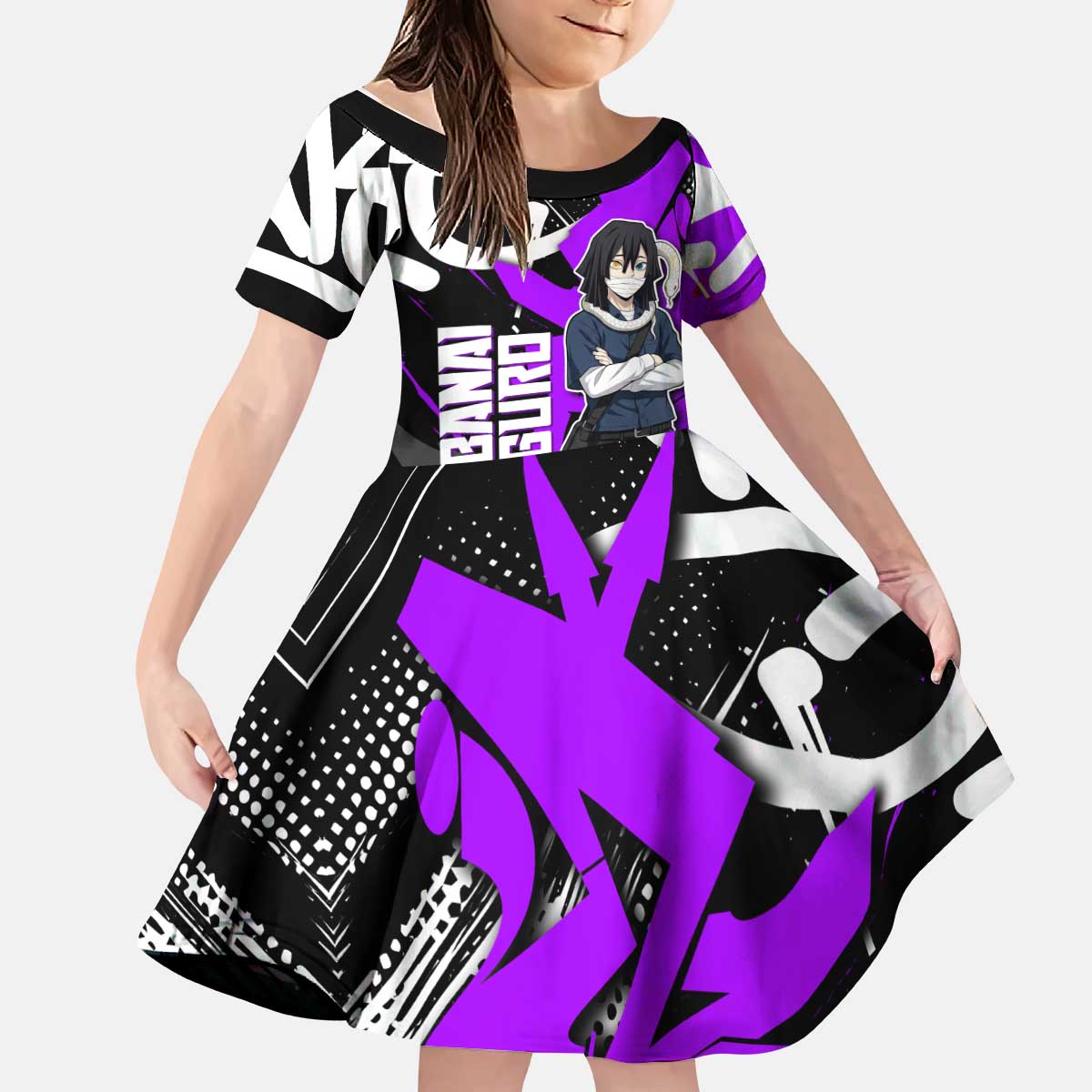 Obanai Iguro Demon Slayer Kid Short Sleeve Dress Purple Graffiti Anime Style
