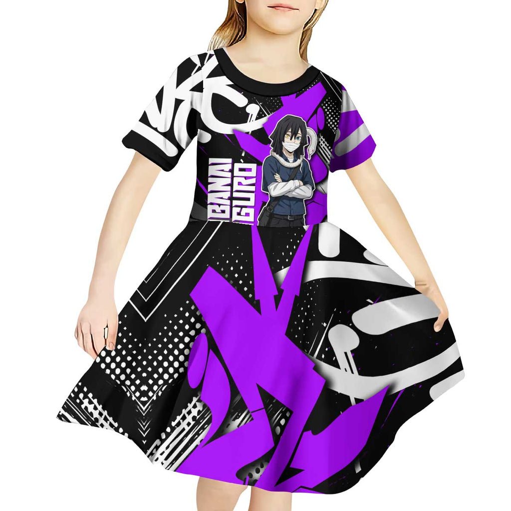 Obanai Iguro Demon Slayer Kid Short Sleeve Dress Purple Graffiti Anime Style