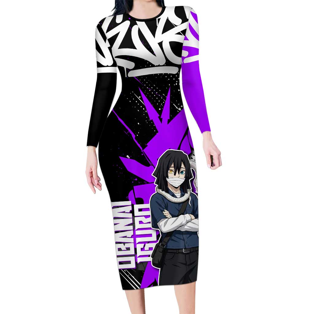 Obanai Iguro Demon Slayer Long Sleeve Bodycon Dress Purple Graffiti Anime Style