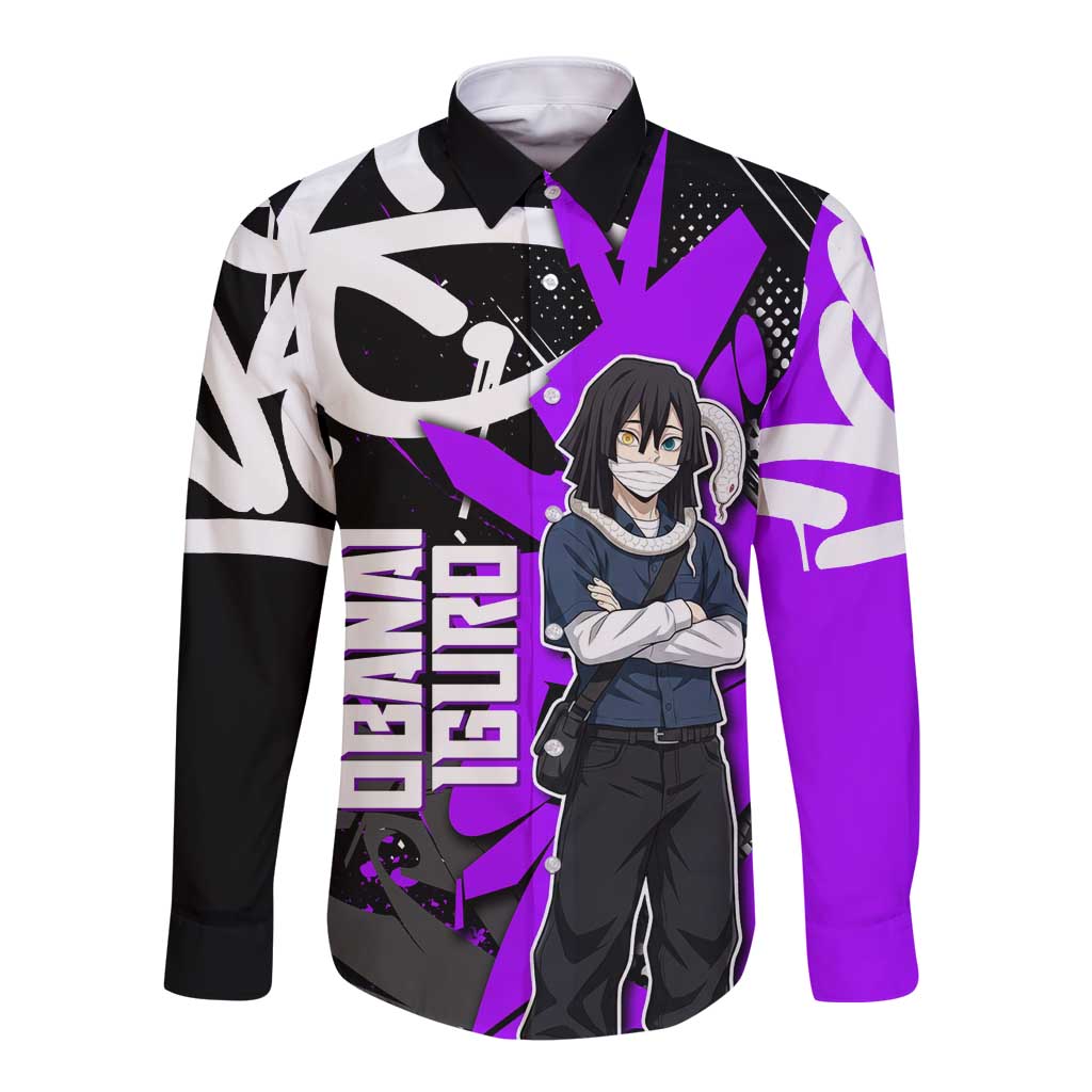 Obanai Iguro Demon Slayer Long Sleeve Button Shirt Purple Graffiti Anime Style