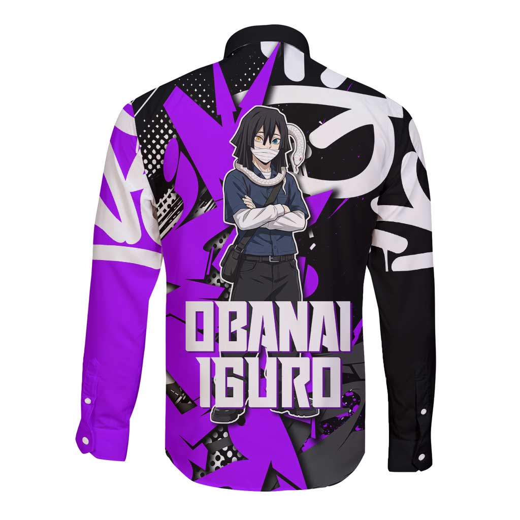 Obanai Iguro Demon Slayer Long Sleeve Button Shirt Purple Graffiti Anime Style