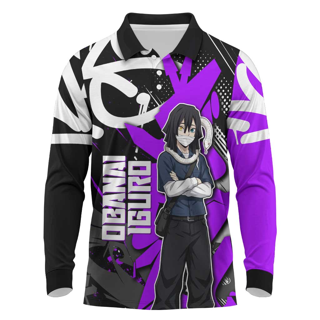 Obanai Iguro Demon Slayer Long Sleeve Polo Shirt Purple Graffiti Anime Style