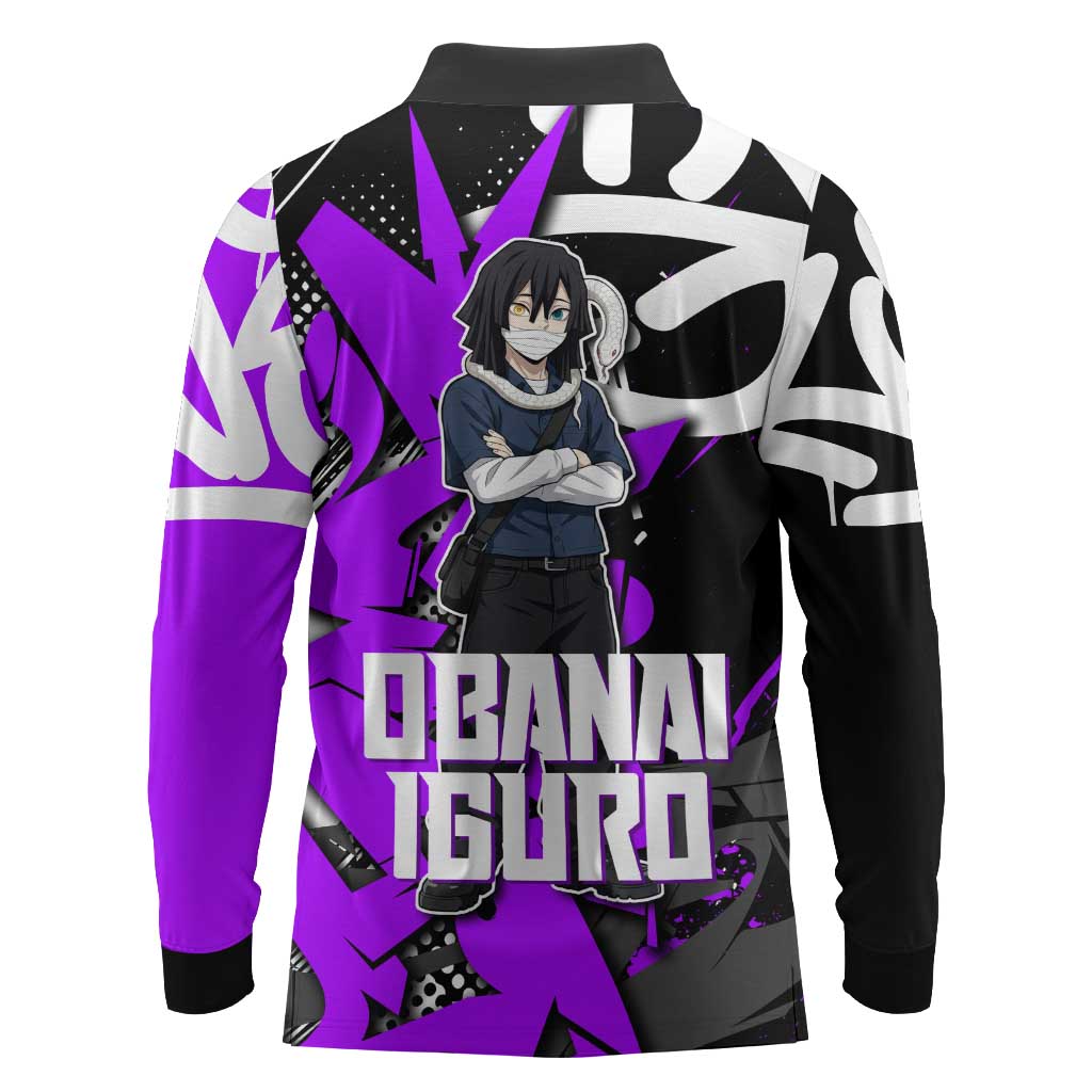 Obanai Iguro Demon Slayer Long Sleeve Polo Shirt Purple Graffiti Anime Style