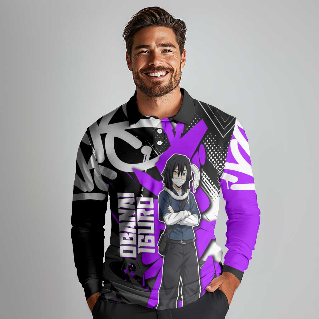 Obanai Iguro Demon Slayer Long Sleeve Polo Shirt Purple Graffiti Anime Style