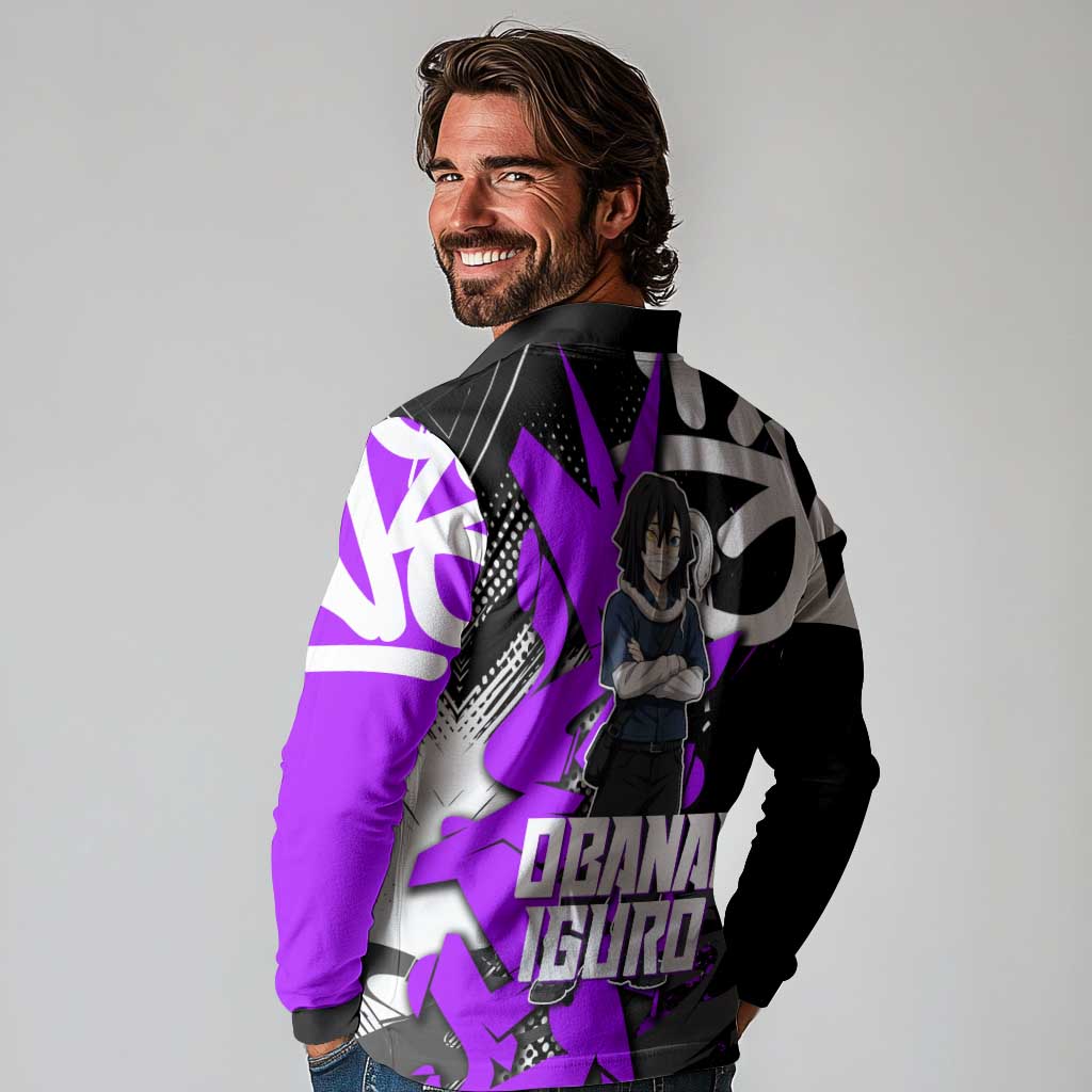 Obanai Iguro Demon Slayer Long Sleeve Polo Shirt Purple Graffiti Anime Style