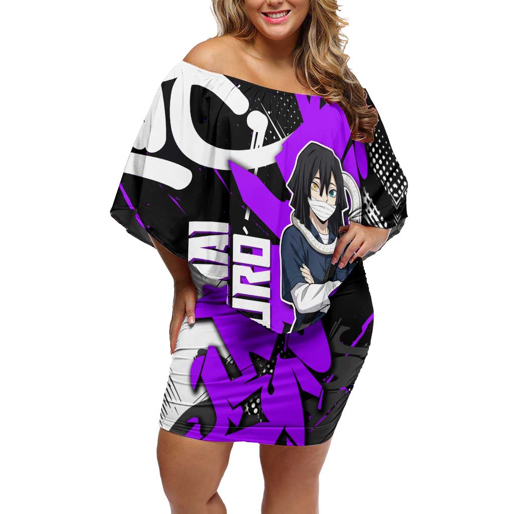 Obanai Iguro Demon Slayer Off Shoulder Short Dress Purple Graffiti Anime Style