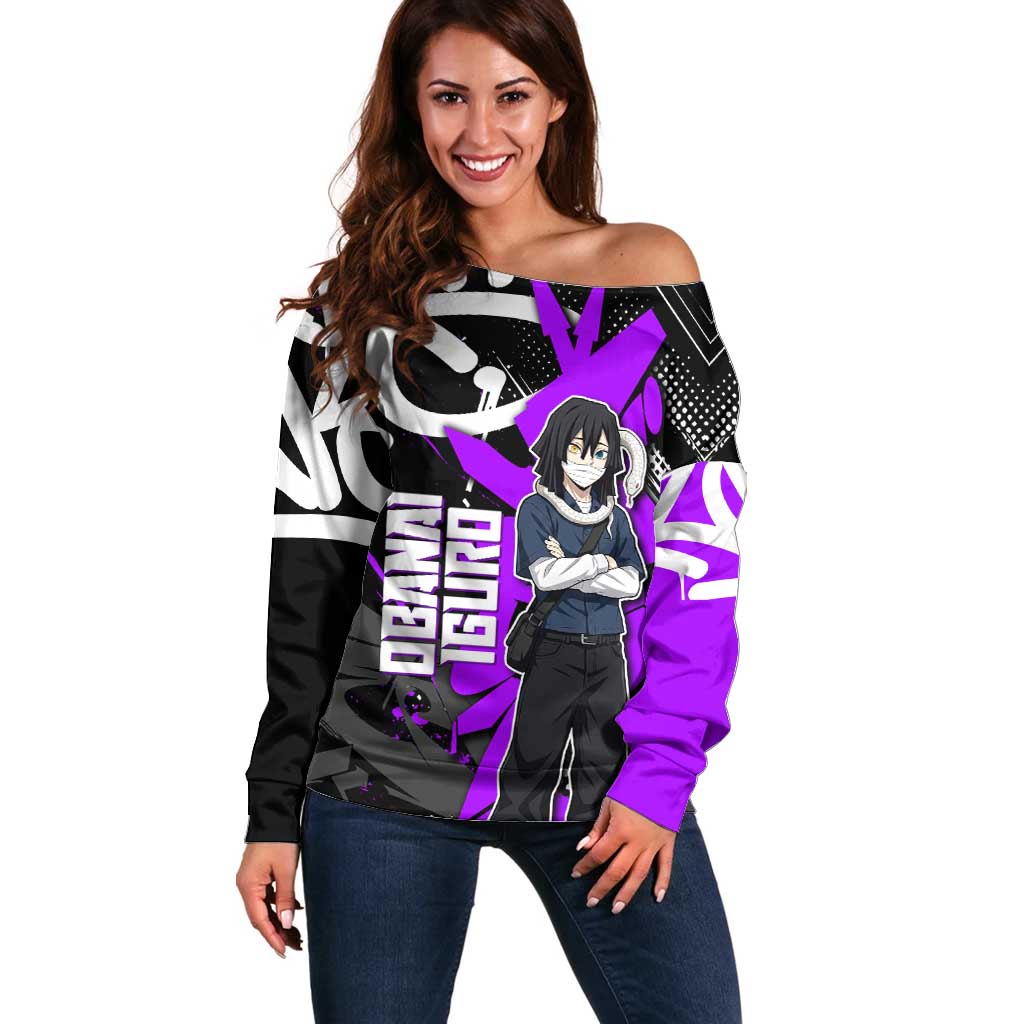 Obanai Iguro Demon Slayer Off Shoulder Sweater Purple Graffiti Anime Style