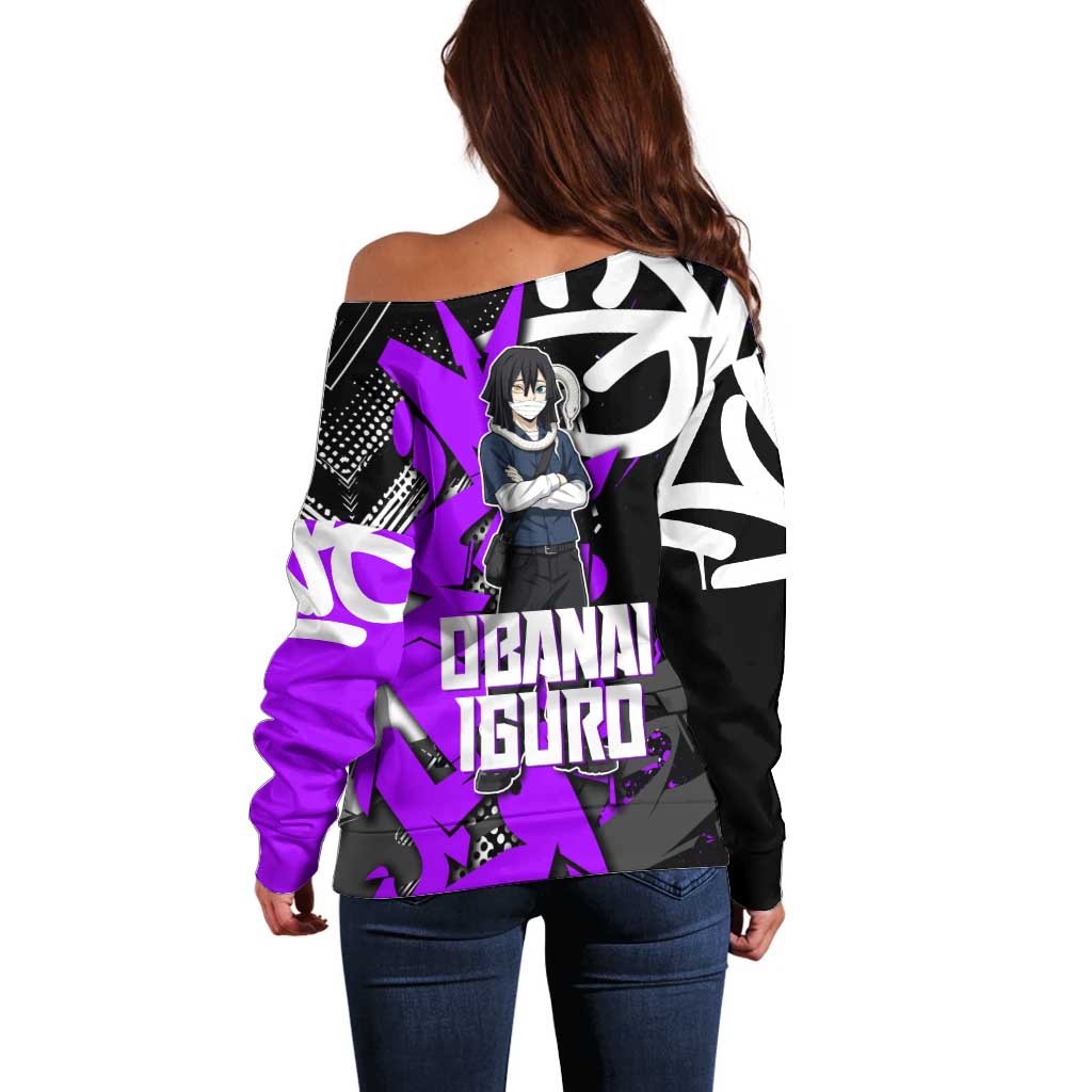 Obanai Iguro Demon Slayer Off Shoulder Sweater Purple Graffiti Anime Style