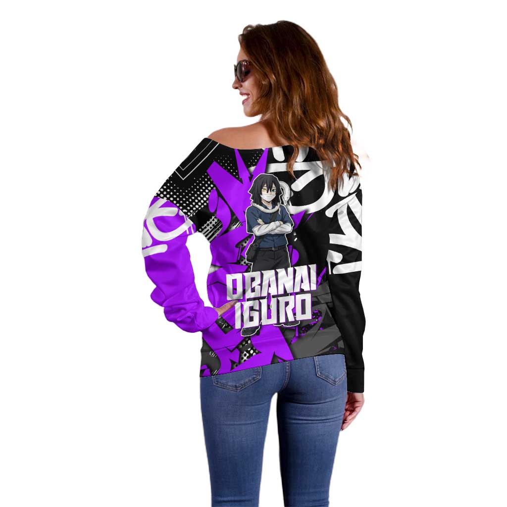 Obanai Iguro Demon Slayer Off Shoulder Sweater Purple Graffiti Anime Style