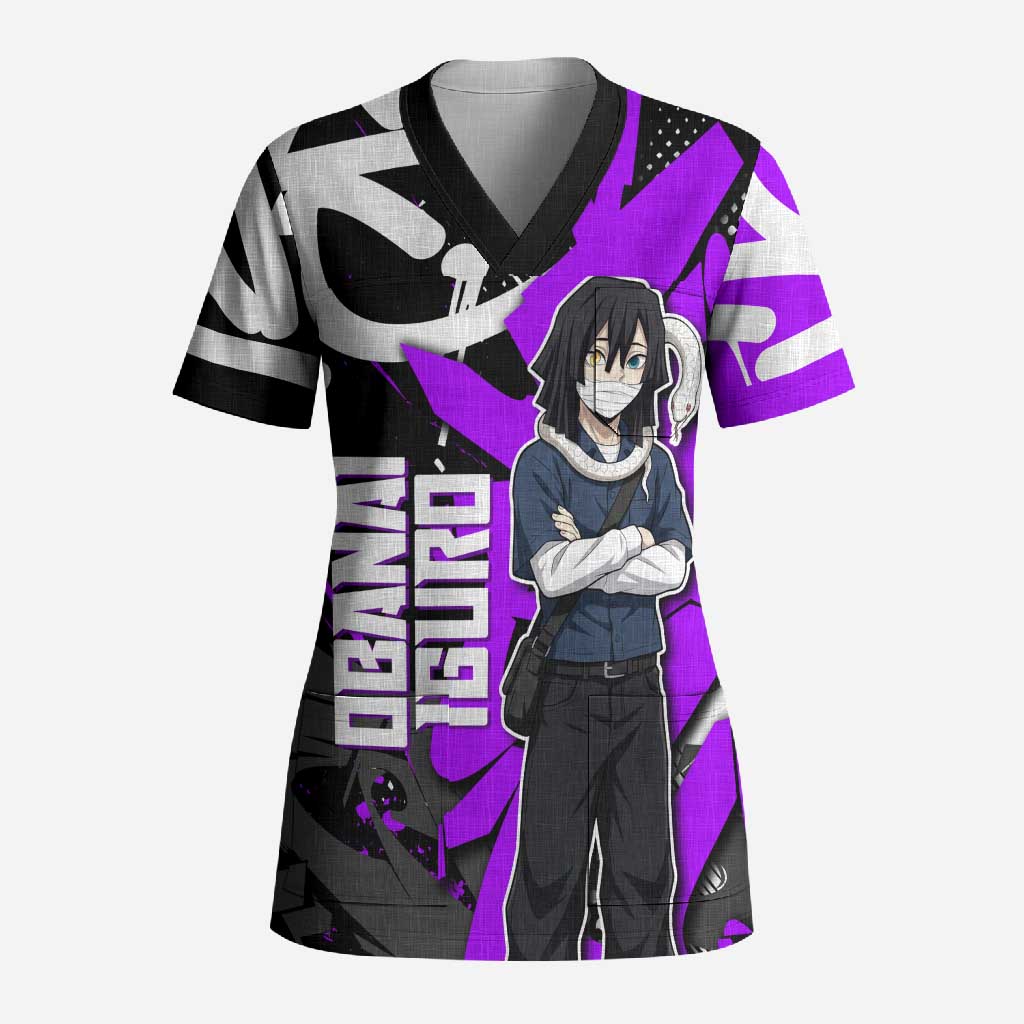Obanai Iguro Demon Slayer Scrub Top Purple Graffiti Anime Style