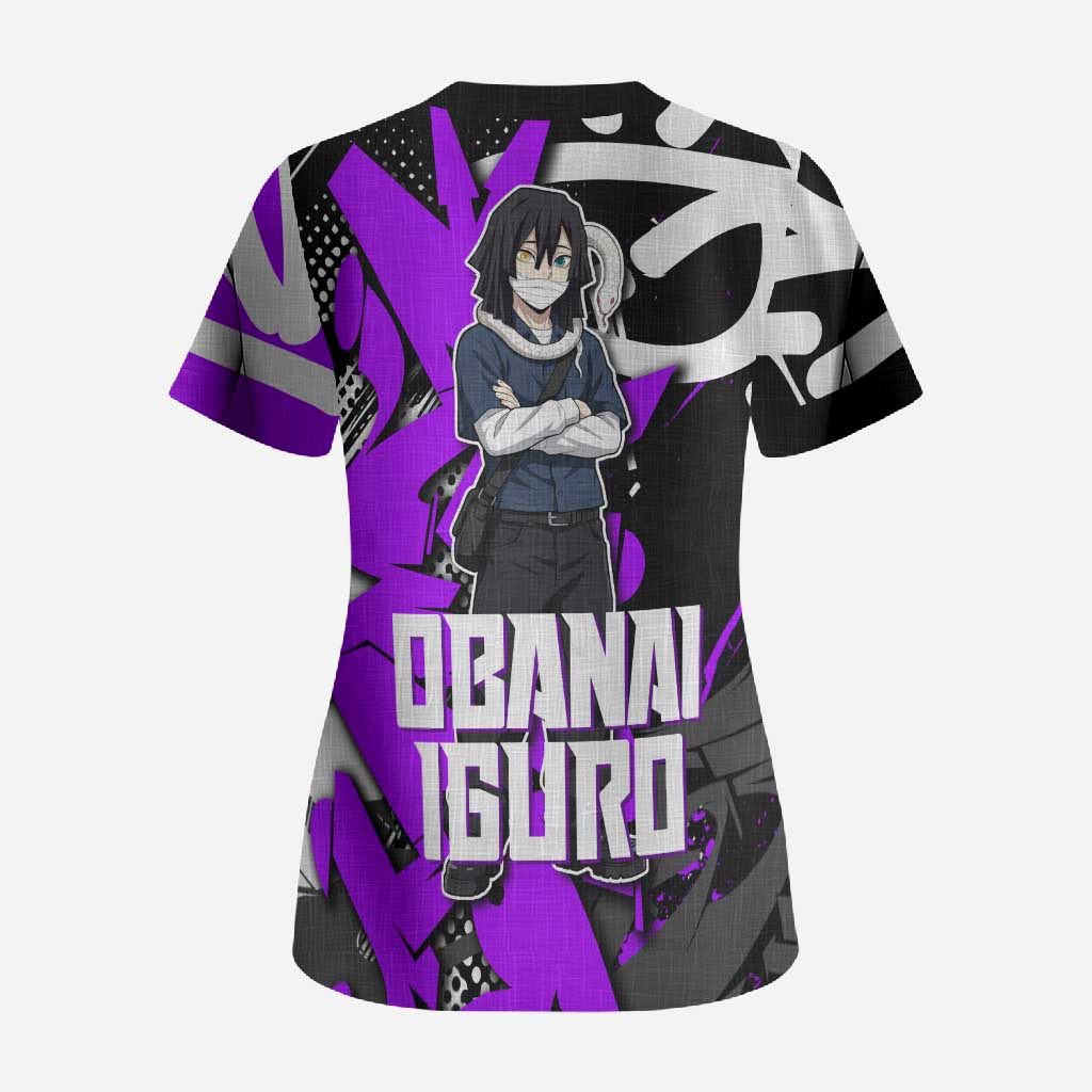 Obanai Iguro Demon Slayer Scrub Top Purple Graffiti Anime Style