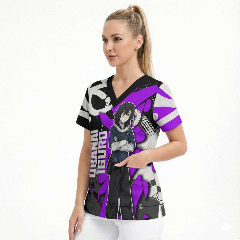 Obanai Iguro Demon Slayer Scrub Top Purple Graffiti Anime Style